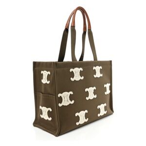 NWT CELINE Canvas Calfskin Embroidered Triomphe Large Cabas Thais Khaki Tan